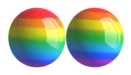 Two glossy spheres, each with rainbow-striped color gradients, sit against a black background