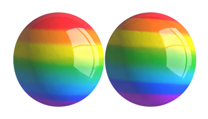 Two glossy spheres, each with rainbow-striped color gradients, sit against a black background