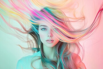 Fototapeta premium Vibrant hair colors flowing in artistic portrait with soft pastel background