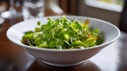A fresh green salad with sprouts and light dressing in a white bowl on a wooden table