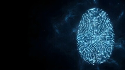 Abstract digital fingerprint made of blue glowing particles, biometric identity verification concept, dark background, cyber security technology