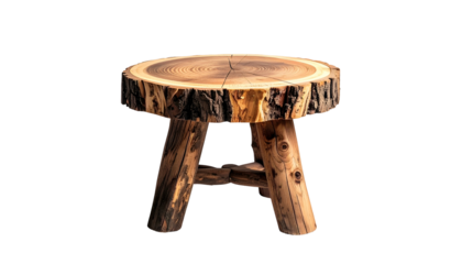 Wooden stool with a round, tree-trunk top and three legs against a black background