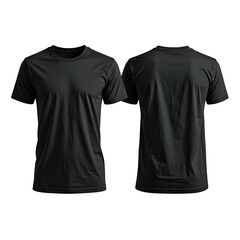 Front and back views of a plain, dark crew neck t-shirt on a black background