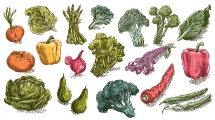 Assortment of vividly colored, hand-drawn vegetables against a white backdrop, showcasing various textures and forms