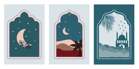 Ramadan Kareem window and lantern backgrounds. Modern Islamic greeting card template and wallpaper design