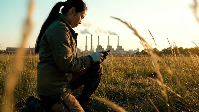 Woman scientist tests soil near factory smokestacks monitoring pollution. Researcher kneeling in field tests soil sample. Woman monitors pollution near factory. Scientist tests environmental soil.