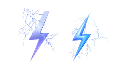 Two stylized, glowing lightning bolts, purple & blue, on a black background