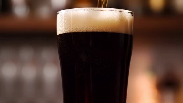 Slow motion of creamy stout beer pour with thick frothy head in pint glass, warm bar ambiance