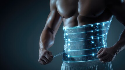 Futuristic man showcasing digital core strength and athletic physique with glowing lines and data visualization against dark background