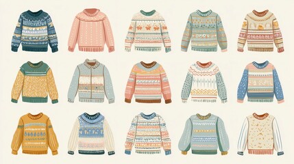 A collection of various cozy knit sweaters in pastel colors, featuring intricate patterns and designs, set against a neutral background
