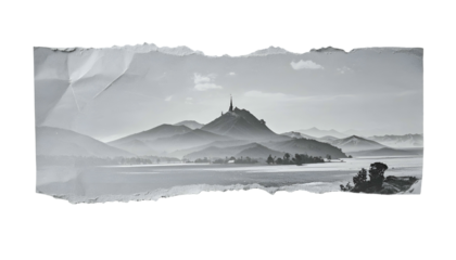 Black and white landscape; lake, distant mountain with steeple, and torn paper border