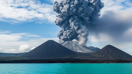 Dramatic volcanic eruption with a towering grey ash cloud against a blue sky with white clouds, overlooking a dark volcanic landscape and vivid