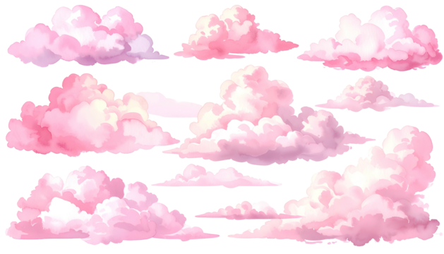 Digitally painted collection of fluffy, pastel pink clouds on a transparent black background - Powered by Adobe