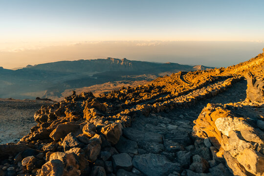 Sunset, sunset glow, Volcano Teide and volcano landscape, national park El Teide, Tenerife, Canary Islands, Spain