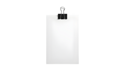Blank White Paper Sheet with Black Binder Clip Isolated on White Background