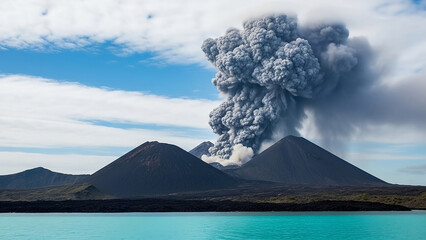 Active volcano spewing immense grey ash plume against a clear blue sky with scattered white clouds over a dark volcanic landscape and bright blue
