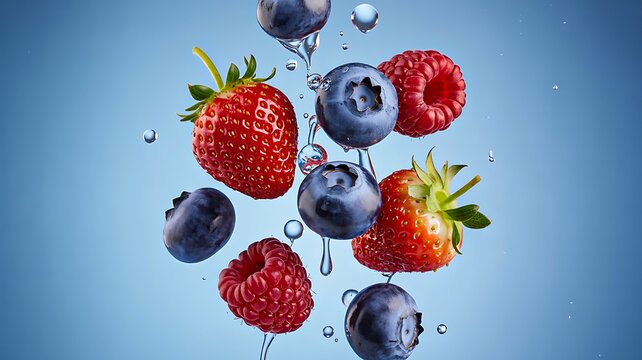 Fresh strawberries blueberries and raspberries splashing in water on blue background