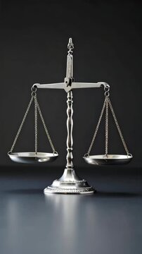 Elegant silver scales of justice for legal fairness and impartial judgment against a dark background in a studio setting, symbolizing law.