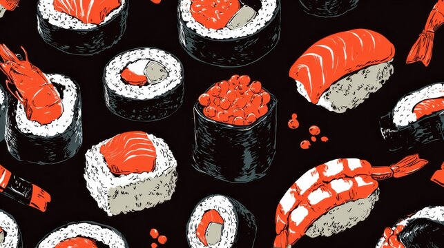 A vibrant, detailed illustration showcasing various types of sushi on a black backdrop, rendered in a hand-drawn style