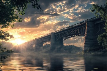 Majestic sunset over a historic bridge spanning a calm river at twilight