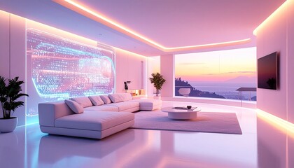 Minimalist abstract future home where furniture dissolves into pixels, adaptive walls reacting to sound and touch, warm pastel neon colors, clean sci-fi aesthetic&rdquo;