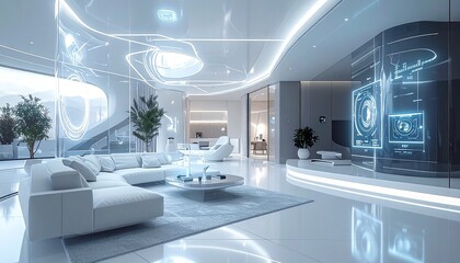 Future smart home concept shown as abstract geometry, transparent rooms, holographic interfaces in mid-air, energy lines connecting objects, white and silver color palette, high-tech utopian mood&rdquo;