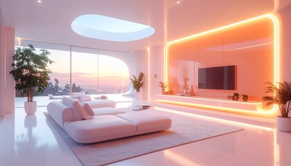 Minimalist abstract future home where furniture dissolves into pixels, adaptive walls reacting to sound and touch, warm pastel neon colors, clean sci-fi aesthetic&rdquo;