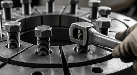 Close shot of heavyduty bolts tightening the largeaperture dome azimuth bearing ring segments.