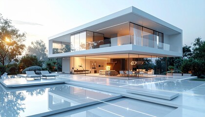 Future smart home concept shown as abstract geometry, transparent rooms, holographic interfaces in mid-air, energy lines connecting objects, white and silver color palette, high-tech utopian mood&rdquo;