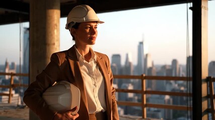 Female architect overseeing construction site with city skyline at sunset.