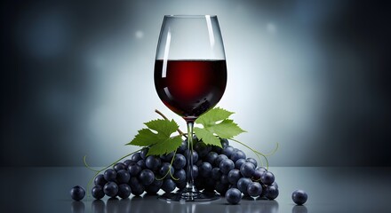 Red Wine in Glass with Fresh Grapes on The Reflective Table Against Gradient Background