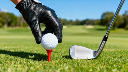 Golfer wearing black glove placing white ball on red tee beside silver club on vibrant green golf course