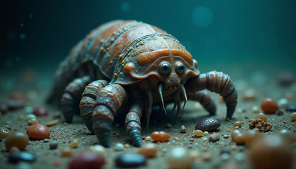 Hermit crab walking along the ocean floor surrounded by pebbles  