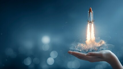 Fototapeta premium A hand, cupped, supports a miniature rocket during liftoff, with bright flames and a blurred city backdrop at night