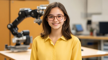 Portrait of a smiling young female student with glasses. She is next to a robotic arm in the engineering lab with computers in the background. Bright futures ahead!