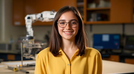 A young woman with glasses smiles in a lab setting with a robot arm in the background, showcasing her interest and involvement in robotics and technology.