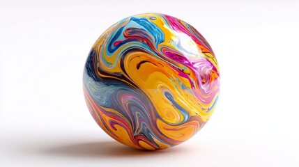 A vibrant, abstract sphere with swirling patterns of multiple colors, sitting on a stark white background. The shiny, glossy surface reflects light