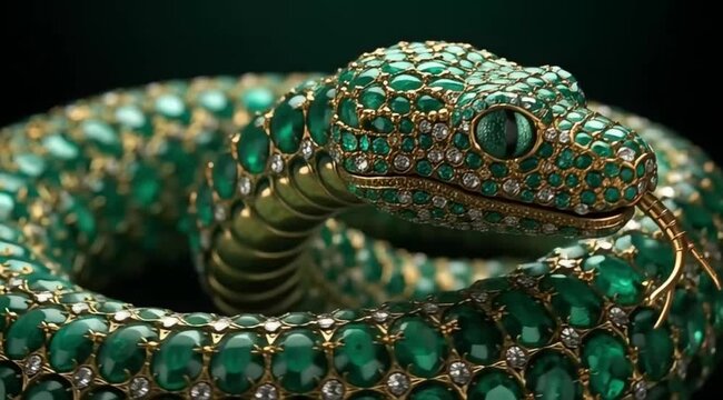 An opulent emerald green snake crafted entirely from intricate jewelry and shimmering gemstones slithers with a smooth, sinuous motion. The snake's body is adorned with dazzling emeralds, diamonds, an