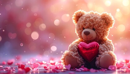 A fluffy brown teddy bear holds a heart-shaped object, surrounded by pink hearts and soft bokeh against a warm background