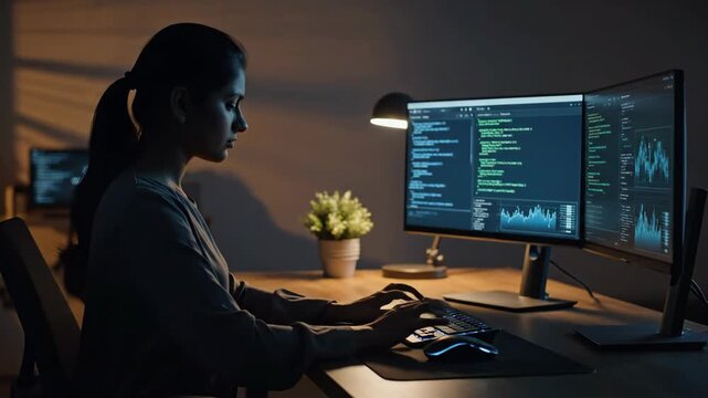 Woman programmer working late at night on computer with code on screen.