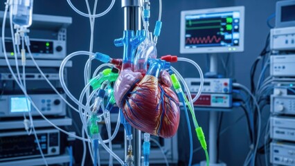 Intricate medical technology supporting an artificial human heart model in a high-tech research lab
