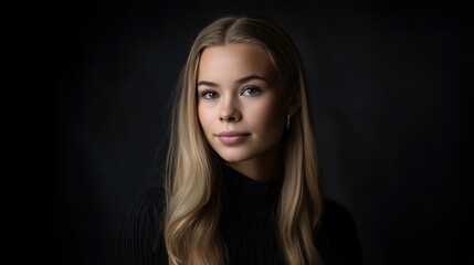 Fototapeta premium Beautiful long-haired blonde woman in elegant studio with black background. She wears light makeup and looks at camera.