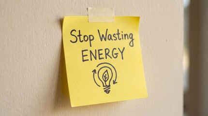 Stop wasting Energy conservation awareness message promoting efficiency and sustainable resource management practices to reduce electricity waste and environmental impact in daily activities