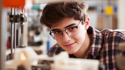 Teenage boy with glasses and checkered shirt smiling while doing a project in his workshop. Focus on innovation, creating and STEM subjects.