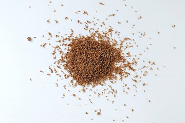 Isolated dried baby shrimp group on white background for authentic southeast asian culinary and recipe design.