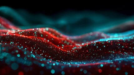 Abstract, vibrant wave pattern composed of glowing, interconnected particles in shades of red and teal against a dark background