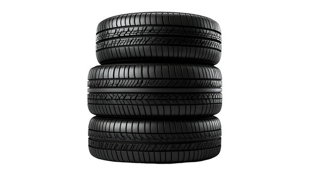 Three new black tires stacked vertically against a pure black background
