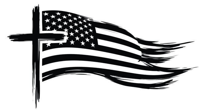 Black and white illustration of an american flag with a cross symbolizing faith and patriotism