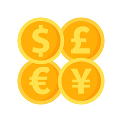 Obraz premium Foreign currency coins. Dollar, euro, yen and pound. Financial, banking, exchange, commerce concepts. Flat vector design isolated illustration.