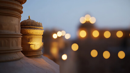 Ancient architecture is revealed in the soft light of dusk, its intricate details highlighted against the bokeh backdrop of distant lights, creating a sense of serenity and grandeur.